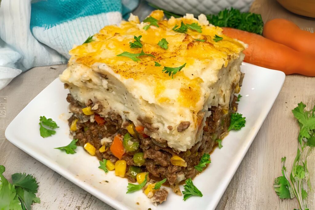 Delicious Shepherd’s Pie ready to serve.