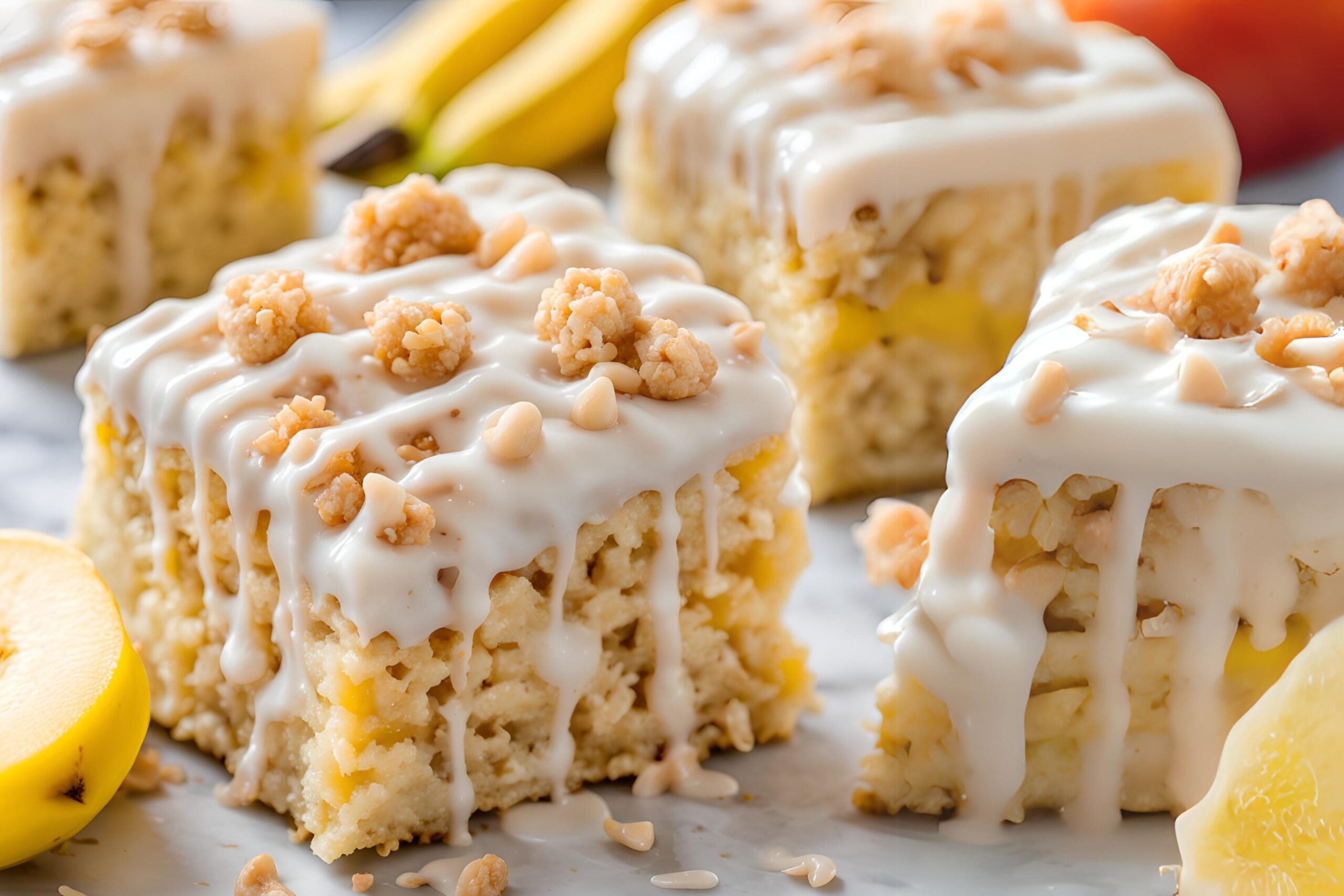 Delicious Banana Pudding Rice Krispie Treats topped with marshmallow fluff and white chocolate.