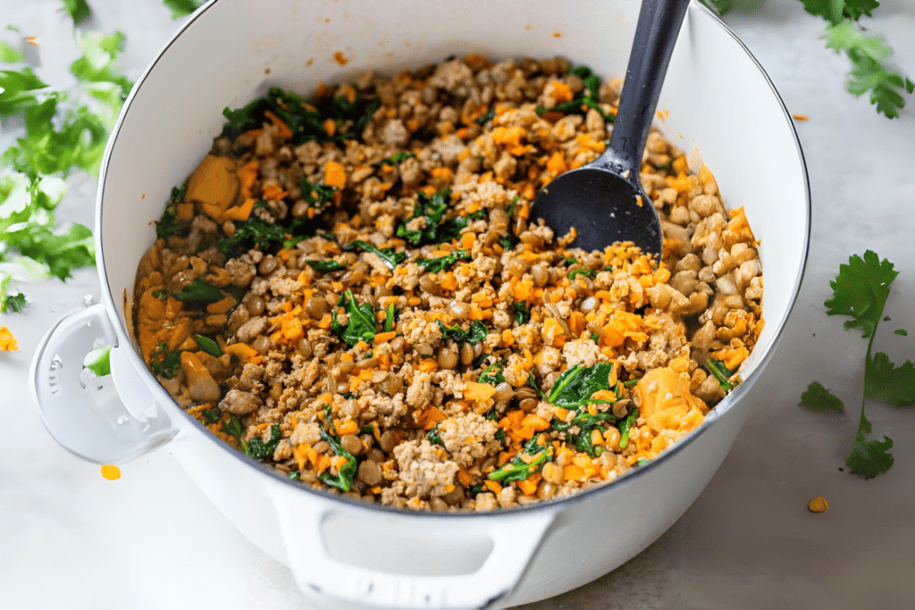 Dog eating a bowl of vet-approved homemade dog food made with fresh ingredients.