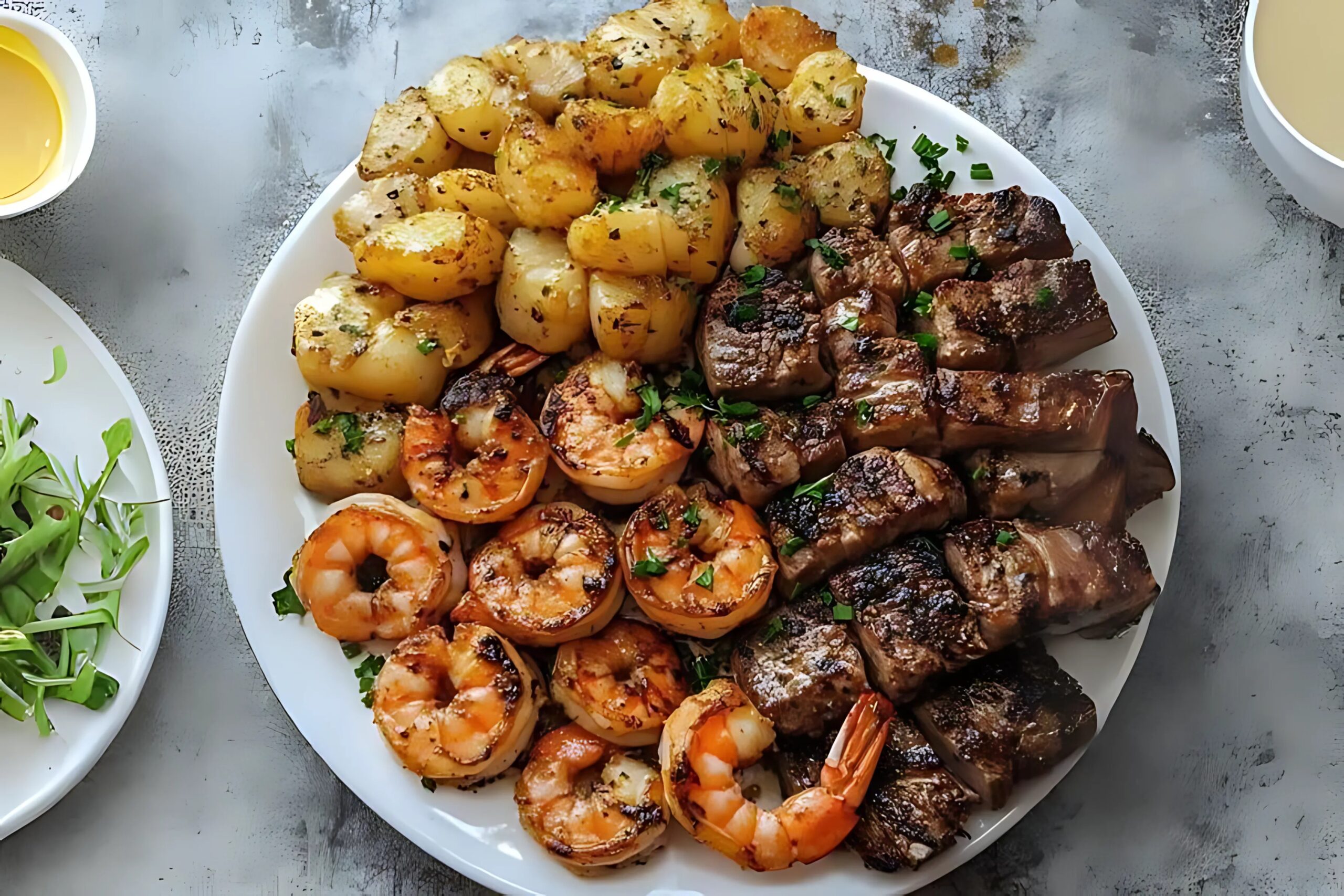 Cajun shrimp and steak feast served with lemon wedges.