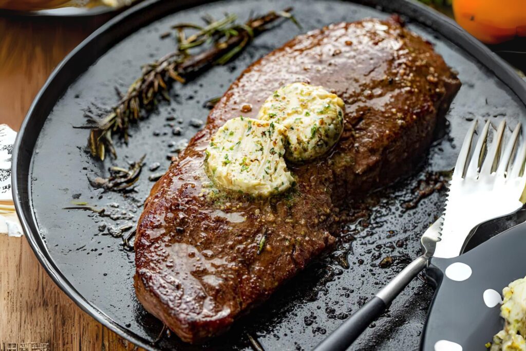 Juicy steak topped with Cowboy Butter, garnished with fresh herbs, showcasing a delicious and flavorful dish.