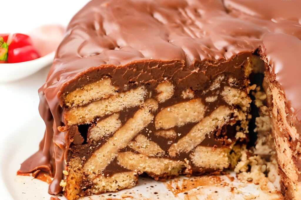 A no-bake chocolate biscuit cake decorated with chocolate curls and served with tea.