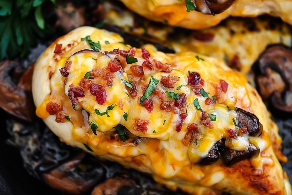 Alice Springs chicken topped with mushrooms and cheese served on a plate.