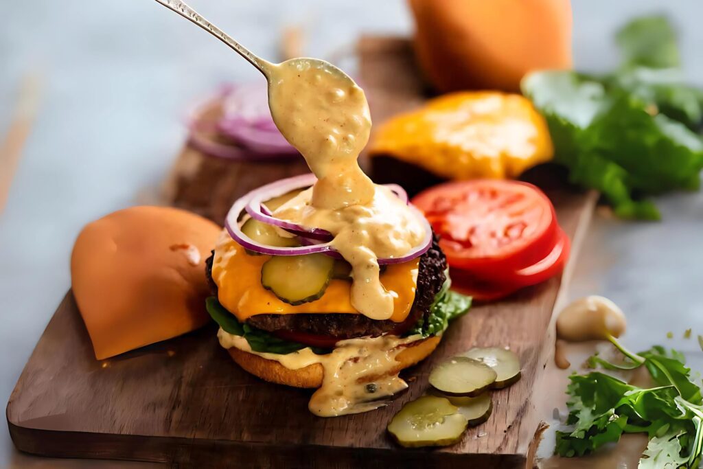 A delicious burger topped with melted cheese, pickles, onions, and a spoonful of creamy burger sauce being drizzled on top.