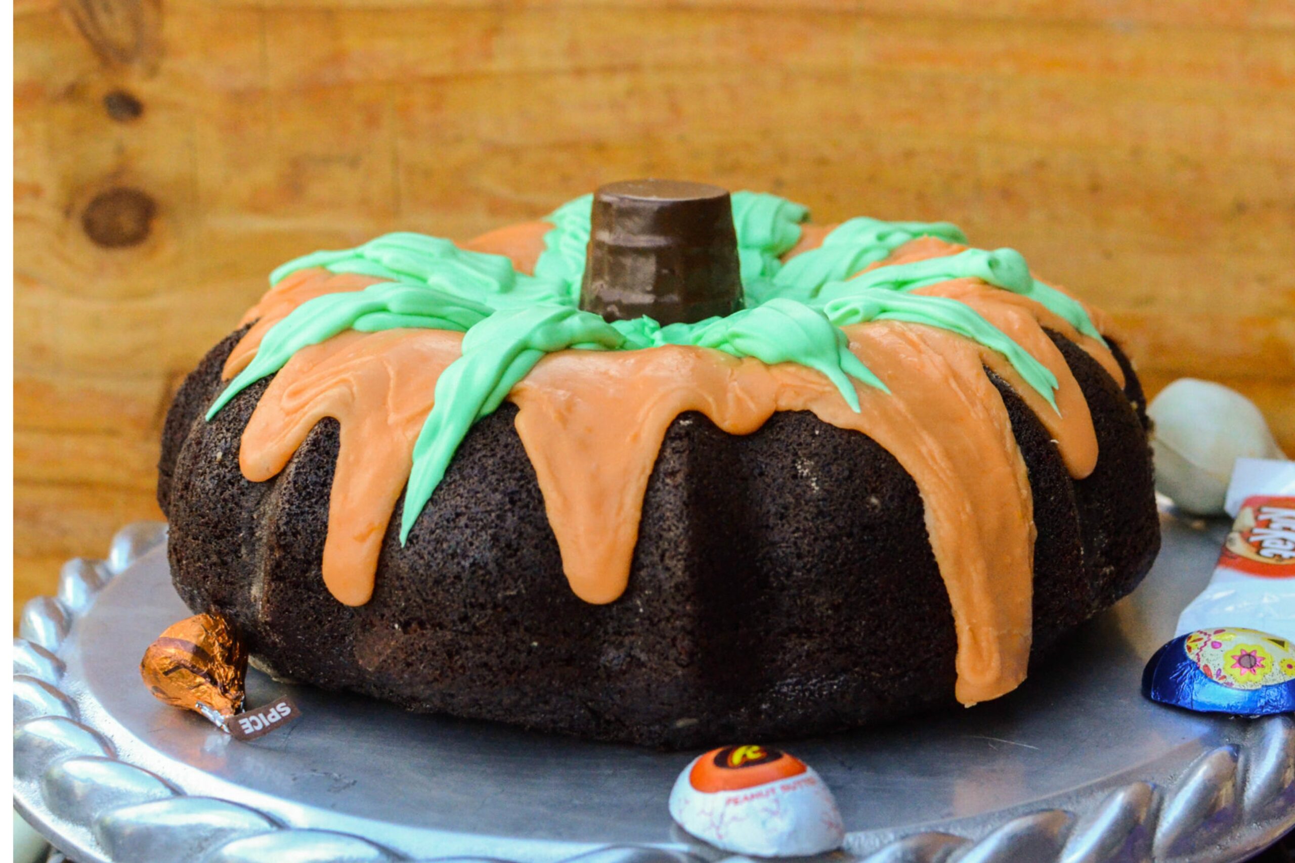 Halloween chocolate cake with spooky decorations