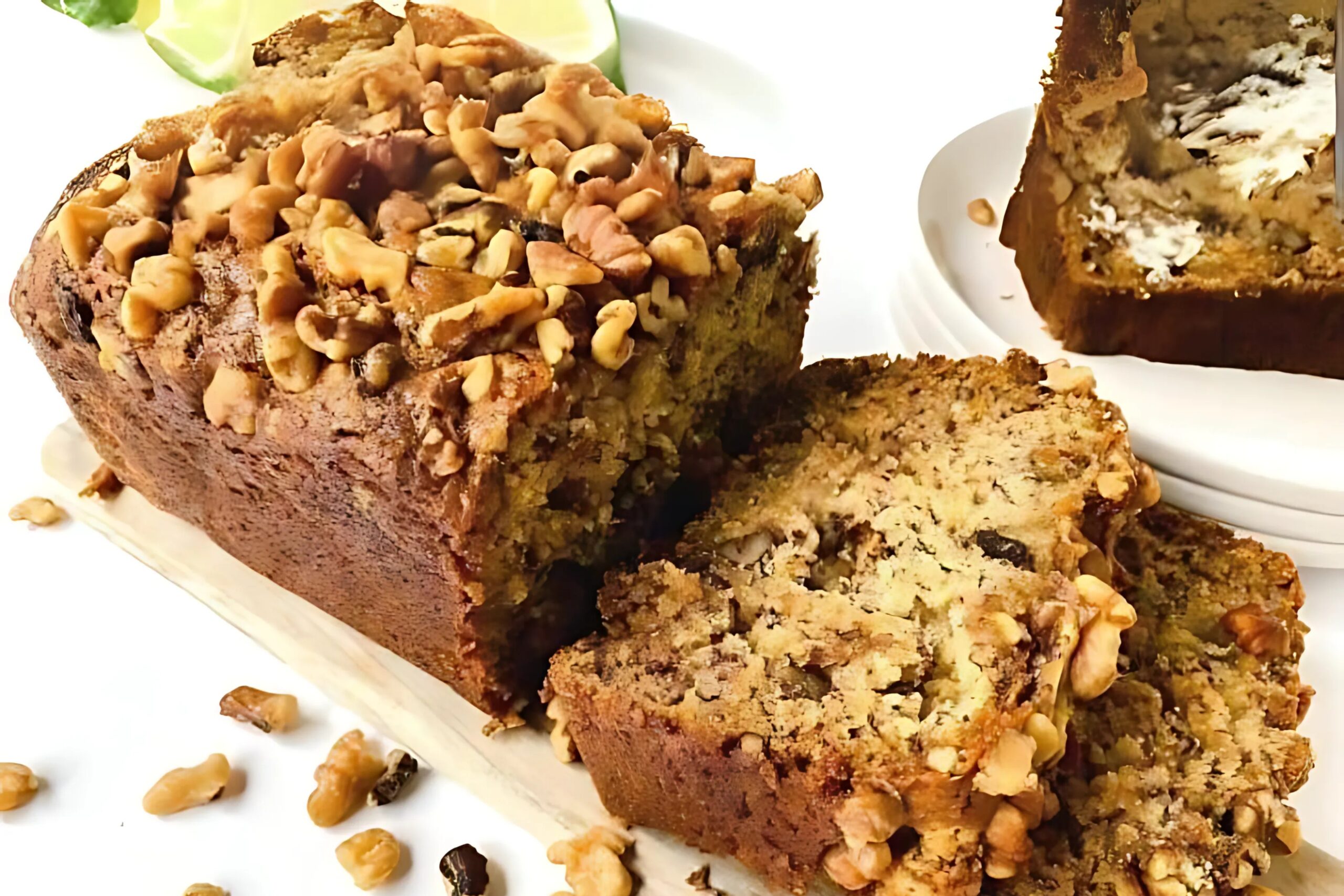 Freshly baked banana bread loaf with walnuts on top, sliced on a wooden board.