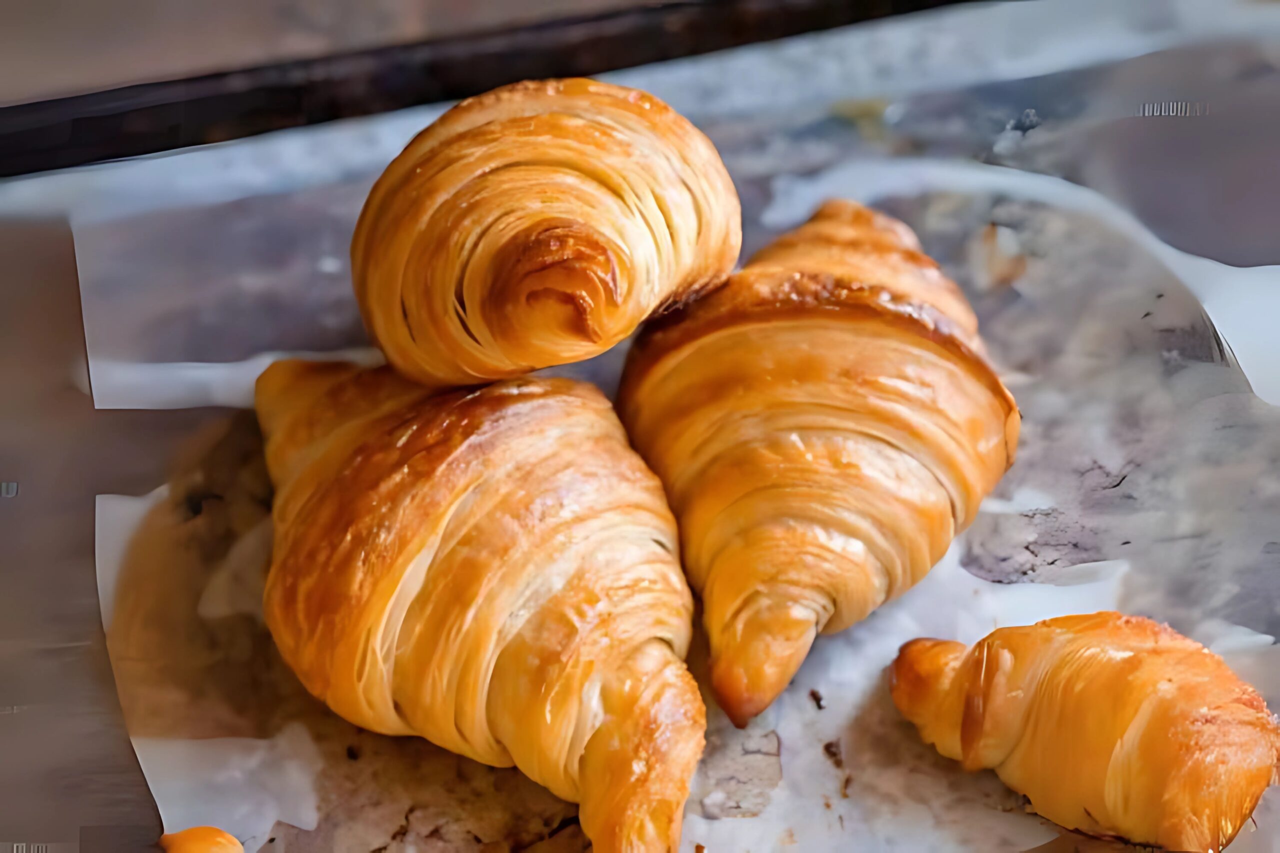 Freshly baked flaky Swiss Gipfeli pastries on a tray