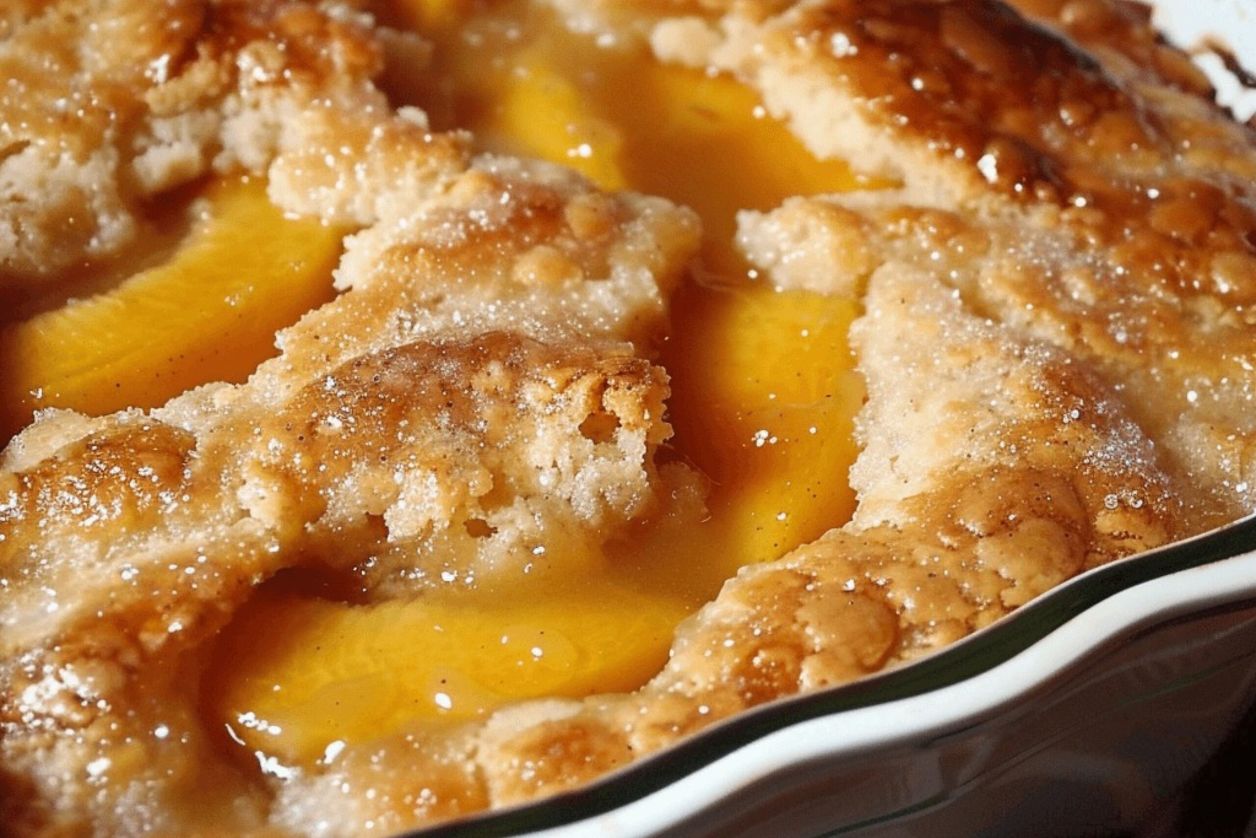 Peach cobbler with golden brown topping made using cake mix.