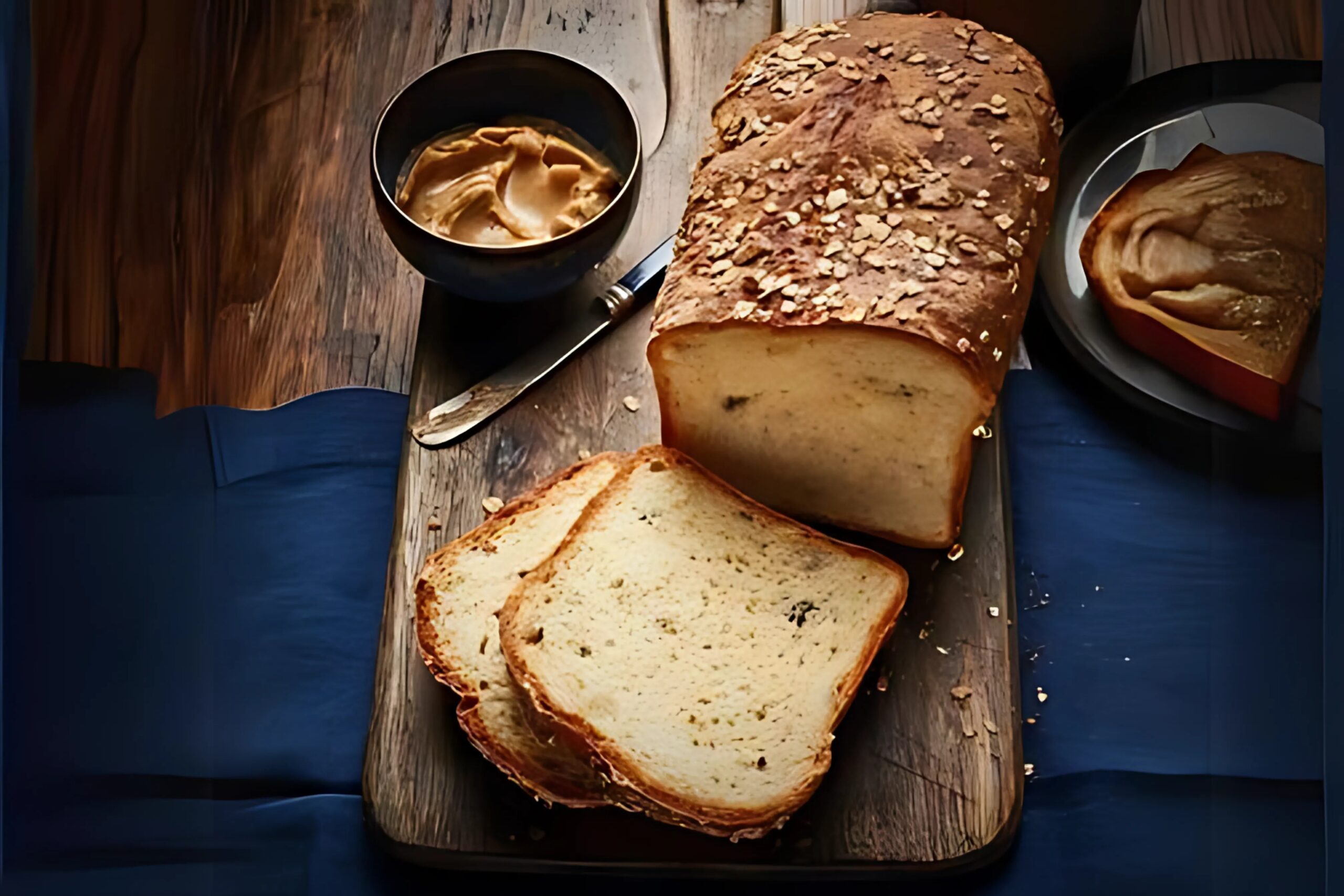 A freshly baked loaf of porridge bread on a wooden board