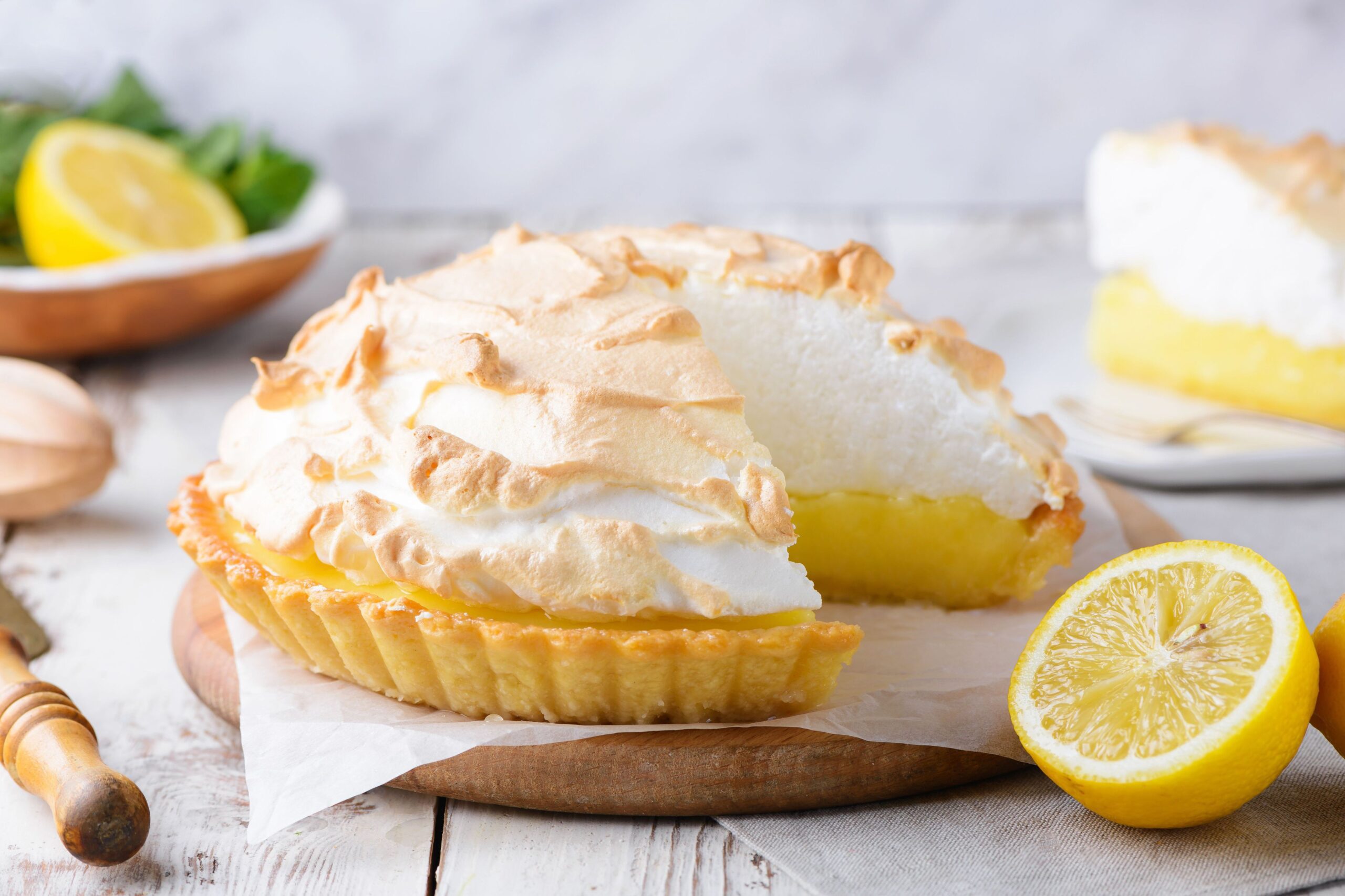 Image of a freshly baked Lemon Meringue Pie with golden meringue topping.