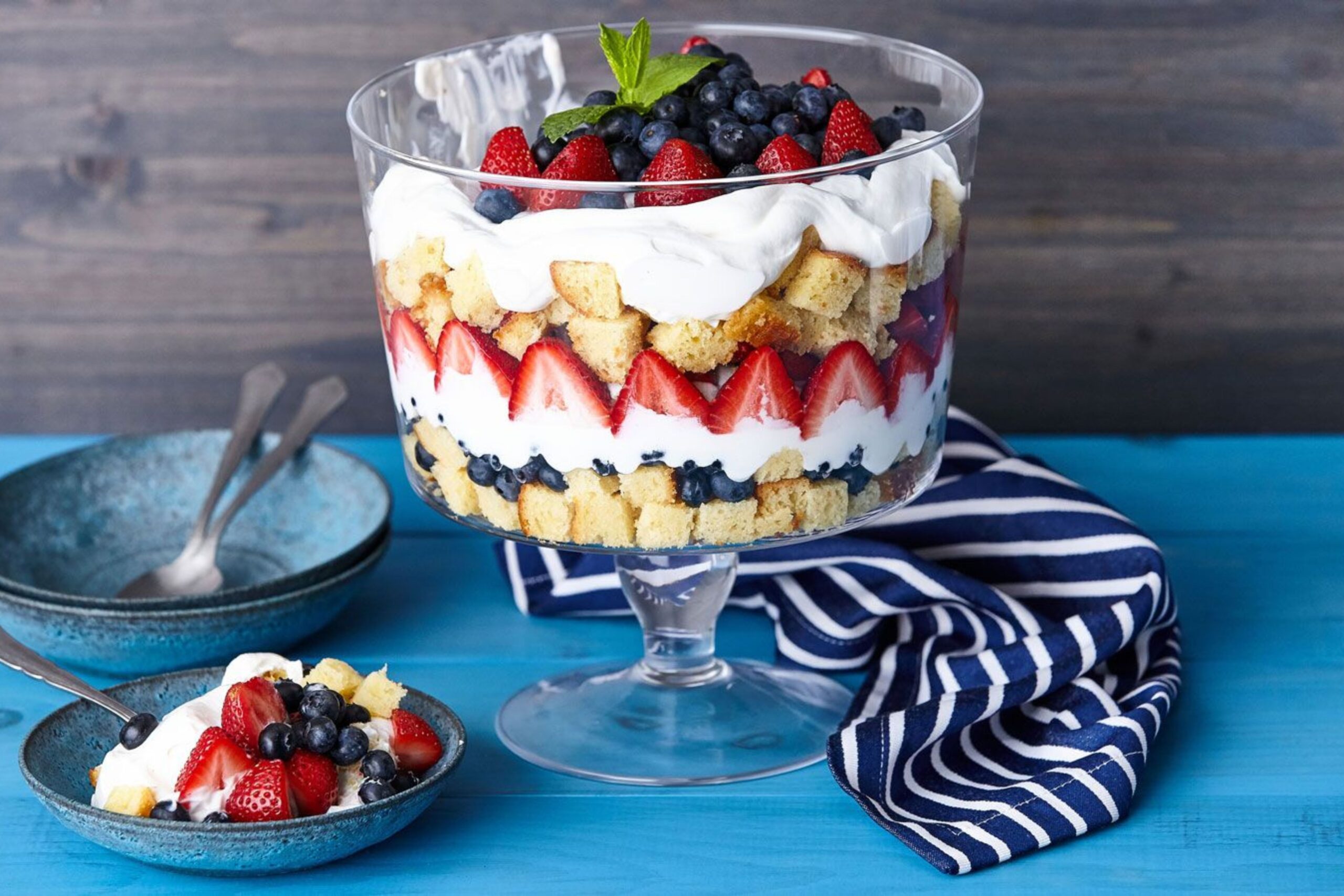 Layered trifle dessert with sponge cake, custard, and fresh berries